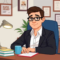 A pixel art illustration of a psychologist at his desk, shown in a close-up view
