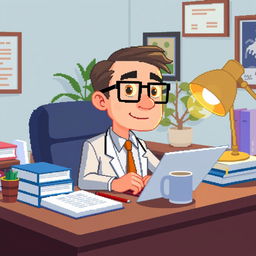 A pixel art illustration of a psychologist at his desk, shown in a close-up view