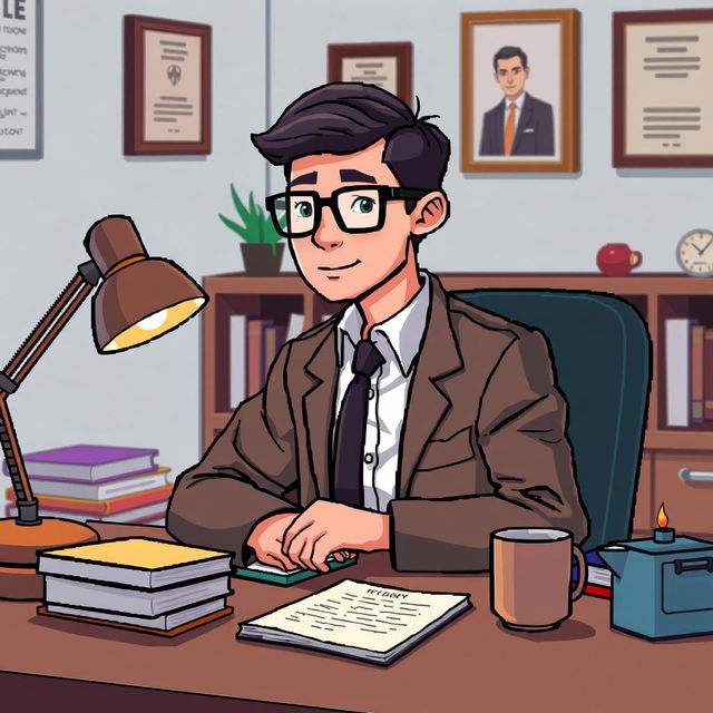 A pixel art illustration of a psychologist at his desk, shown in a close-up view