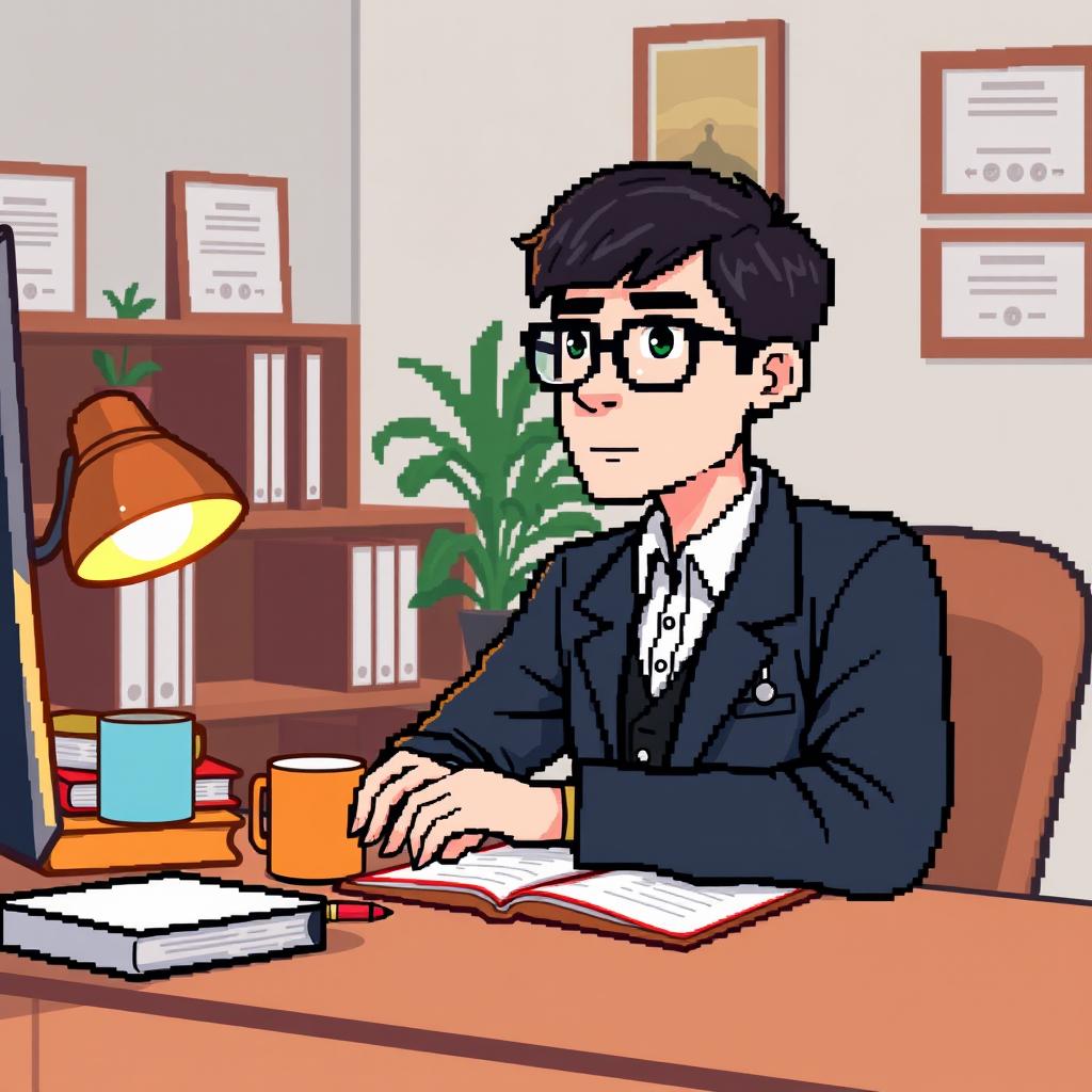 A pixel art illustration of a psychologist at his desk, shown in a close-up view