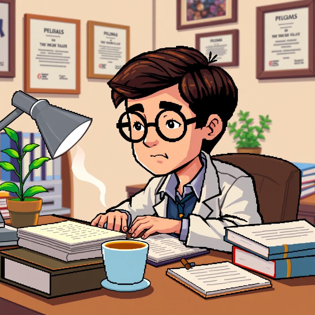 A pixel art depiction of a psychologist at his desk, illustrated in a close-up perspective