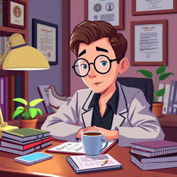 A pixel art depiction of a psychologist at his desk, illustrated in a close-up perspective