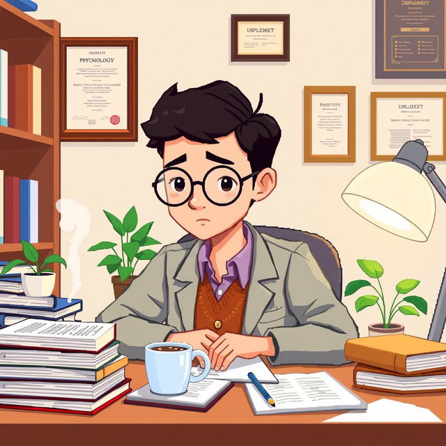 A pixel art depiction of a psychologist at his desk, illustrated in a close-up perspective