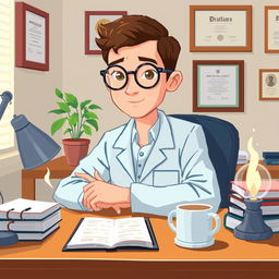 A pixel art depiction of a psychologist at his desk, illustrated in a close-up perspective
