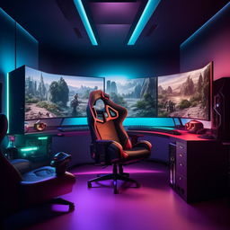 An inviting, high-tech office room that also serves as a gaming hub, featuring a sleek desk equipped with dual monitors, ergonomic gamer's chair, various gaming consoles, low lighting, and decor that reflects a blend of professionalism and passion for gaming.