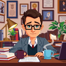 A pixel art representation of a psychologist at his desk, rendered in a close-up perspective