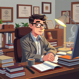 A pixel art representation of a psychologist at his desk, rendered in a close-up perspective