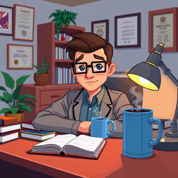 A pixel art representation of a psychologist at his desk, rendered in a close-up perspective