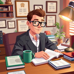 A pixel art representation of a psychologist at his desk, rendered in a close-up perspective