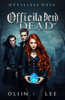 An intriguing book cover design for a novel titled 'Officially Dead', featuring three vampire brothers standing tall and confident, each with distinct styles – one with long flowing black hair, another sporting short spiky blonde hair, and the last with medium-length slicked-back dark hair