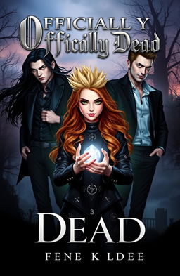 An intriguing book cover design for a novel titled 'Officially Dead', featuring three vampire brothers standing tall and confident, each with distinct styles – one with long flowing black hair, another sporting short spiky blonde hair, and the last with medium-length slicked-back dark hair