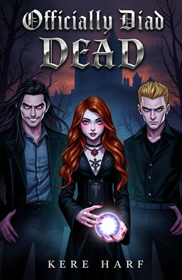 An intriguing book cover design for a novel titled 'Officially Dead', featuring three vampire brothers standing tall and confident, each with distinct styles – one with long flowing black hair, another sporting short spiky blonde hair, and the last with medium-length slicked-back dark hair