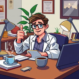 A pixel art scene depicting a psychologist at his desk, shown in a close-up perspective