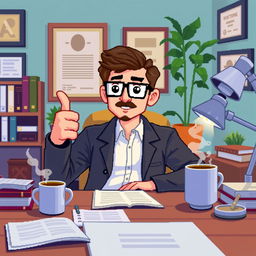 A pixel art scene depicting a psychologist at his desk, shown in a close-up perspective