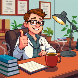 A pixel art scene depicting a psychologist at his desk, shown in a close-up perspective