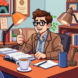 A pixel art scene depicting a psychologist at his desk, shown in a close-up perspective