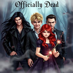A captivating book cover design for the novel titled 'Officially Dead', showcasing three vampire brothers with striking appearances