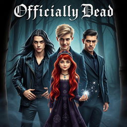 A captivating book cover design for the novel titled 'Officially Dead', showcasing three vampire brothers with striking appearances