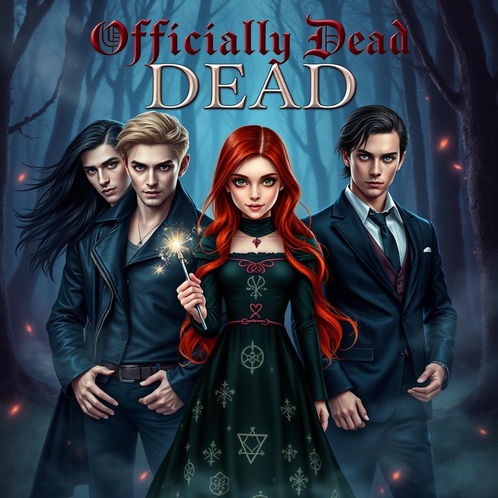 A captivating book cover design for the novel titled 'Officially Dead', showcasing three vampire brothers with striking appearances