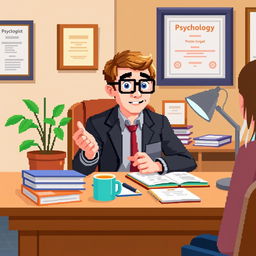 A pixel art scene featuring a psychologist at his desk, actively explaining something to a client