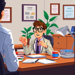 A pixel art scene featuring a psychologist at his desk, actively explaining something to a client