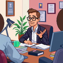 A pixel art scene featuring a psychologist at his desk, actively explaining something to a client