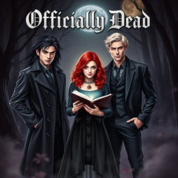 A striking book cover for the novel 'Officially Dead' that features three vampire brothers with distinct characteristics