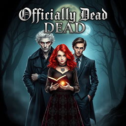 A striking book cover for the novel 'Officially Dead' that features three vampire brothers with distinct characteristics