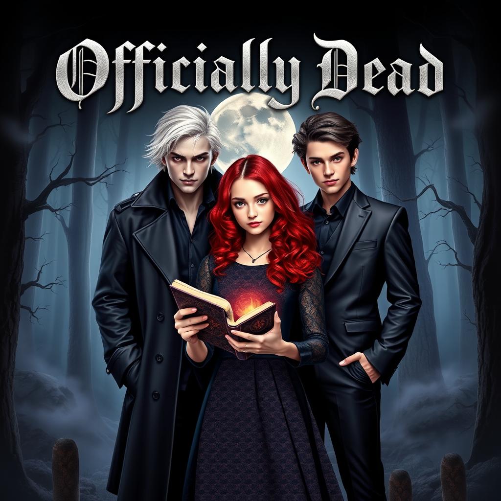 A striking book cover for the novel 'Officially Dead' that features three vampire brothers with distinct characteristics