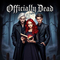 A striking book cover for the novel 'Officially Dead' that features three vampire brothers with distinct characteristics