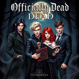 A striking book cover for the novel 'Officially Dead' that features three vampire brothers with distinct characteristics