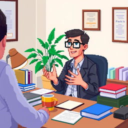 A pixel art scene featuring a psychologist at his desk, actively explaining something to a client