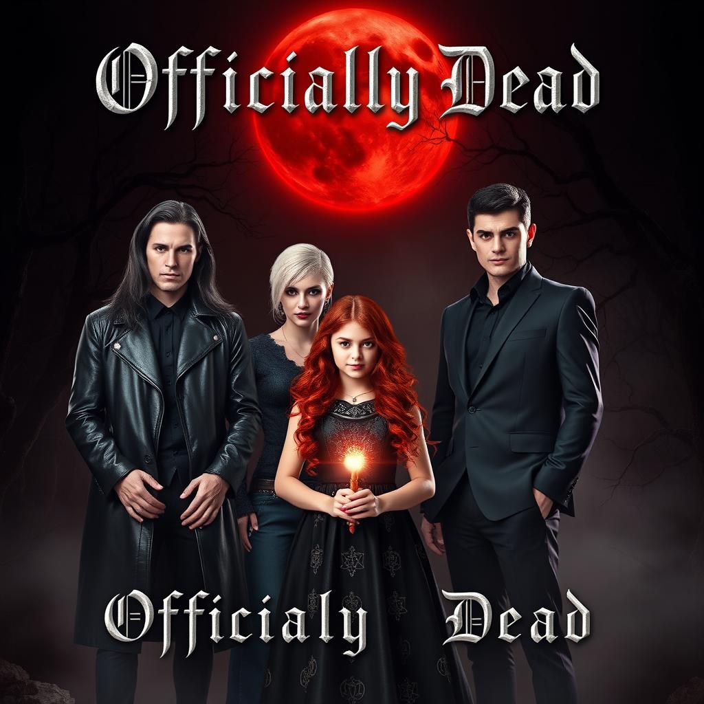 A striking book cover design for the novel 'Officially Dead', prominently featuring three vampire brothers and a teenage witch girl set against a dramatic backdrop