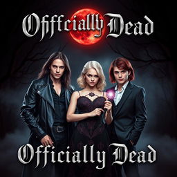 A striking book cover design for the novel 'Officially Dead', prominently featuring three vampire brothers and a teenage witch girl set against a dramatic backdrop