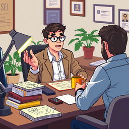 A pixel art scene featuring a psychologist at his desk, attentively explaining something to a client