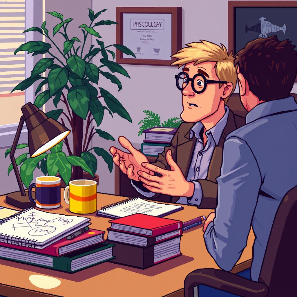 A pixel art scene featuring a psychologist at his desk, attentively explaining something to a client