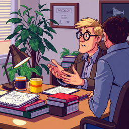 A pixel art scene featuring a psychologist at his desk, attentively explaining something to a client