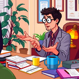 A pixel art scene featuring a psychologist at his desk, attentively explaining something to a client