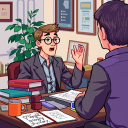 A pixel art scene featuring a psychologist at his desk, attentively explaining something to a client