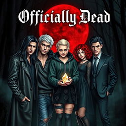 A dramatic book cover design for the novel 'Officially Dead' featuring three vampire brothers and a teenage witch girl