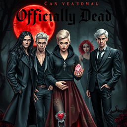 A dramatic book cover design for the novel 'Officially Dead' featuring three vampire brothers and a teenage witch girl