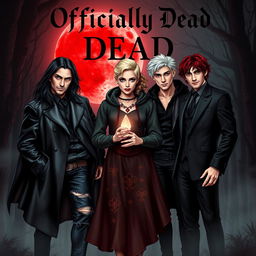 A dramatic book cover design for the novel 'Officially Dead' featuring three vampire brothers and a teenage witch girl