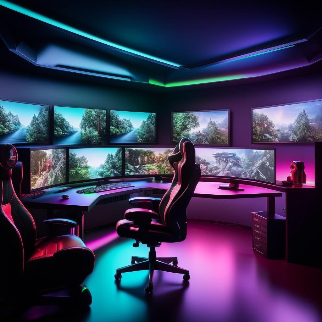 An inviting, high-tech office room that also serves as a gaming hub, featuring a sleek desk equipped with dual monitors, ergonomic gamer's chair, various gaming consoles, low lighting, and decor that reflects a blend of professionalism and passion for gaming.