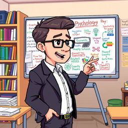 A pixel art scene depicting a psychologist styled like a teacher, standing in front of a whiteboard in a classroom setting