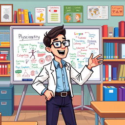 A pixel art scene depicting a psychologist styled like a teacher, standing in front of a whiteboard in a classroom setting