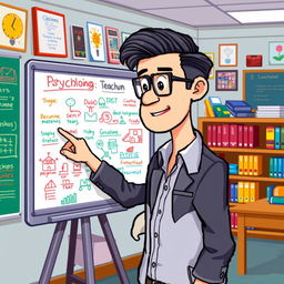 A pixel art scene depicting a psychologist styled like a teacher, standing in front of a whiteboard in a classroom setting