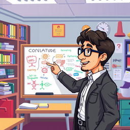 A pixel art scene depicting a psychologist styled like a teacher, standing in front of a whiteboard in a classroom setting
