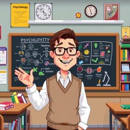 A pixel art scene depicting a psychologist styled like a professor, standing in front of a blackboard in a classroom
