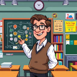 A pixel art scene depicting a psychologist styled like a professor, standing in front of a blackboard in a classroom