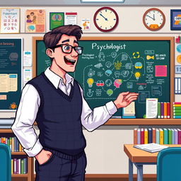 A pixel art scene depicting a psychologist styled like a professor, standing in front of a blackboard in a classroom